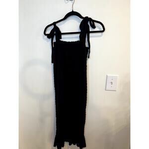 Black Smocked Midi Dress Tie Strap Cottagecore Fitted Dress S/M Maternity